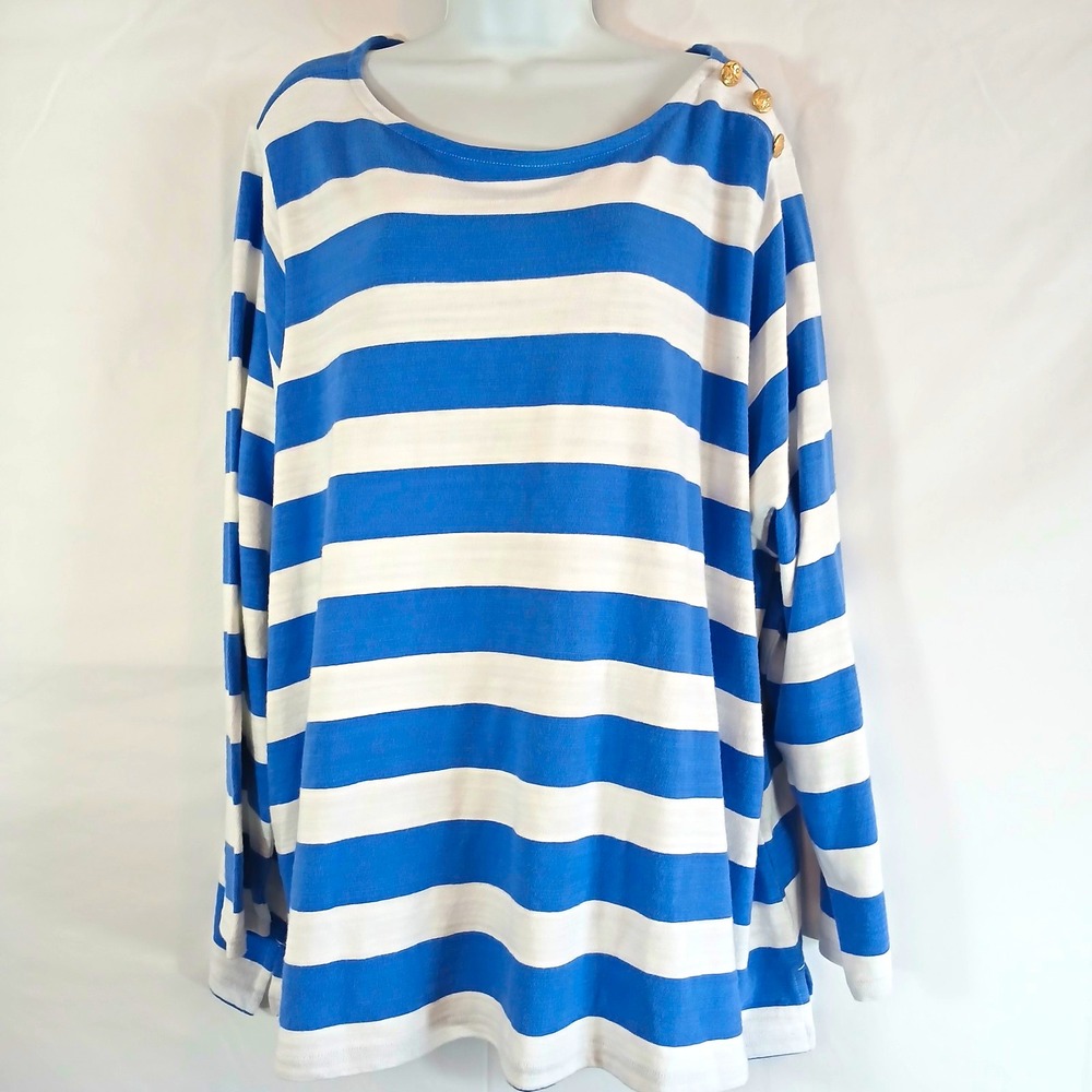 Lane Bryant Top Blue White Striped Boat Neck Button Sz 26 coastal nautical work